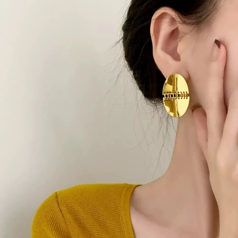 Geometric Copper Stud Earrings Minimalist Oval Crescent Mesh Texture Chic Jewelry Women High End Design