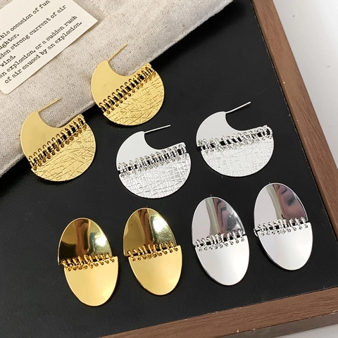 Geometric Copper Stud Earrings Minimalist Oval Crescent Mesh Texture Chic Jewelry Women High End Design