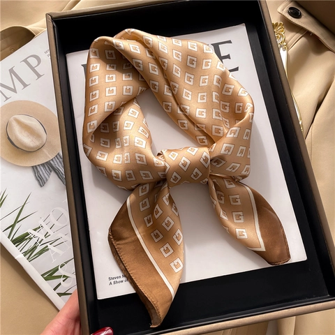 Women Square Scarf Faux Satin Polyester G Letter Monogram Print Lightweight Versatile Elegant Neck Tie Scarf