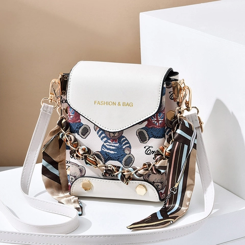 Fashion Women Mini Crossbody Bag With Silk Scarf Metal Chain Handle PU Leather Cartoon Bear Print Small Shoulder Phone Bag