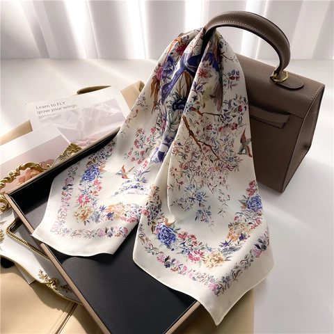 Elegant Square Scarf Satin Feeling Floral Bird Print Lightweight Sun Protection Shawl For Women Vintage Style