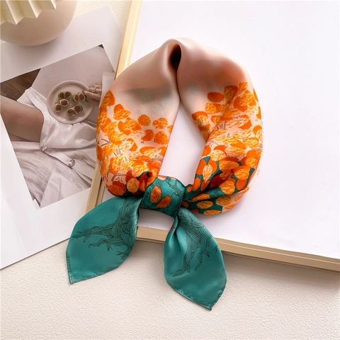 Seidiges Satin Quadratisches Halstuch Künstlerischer Herbstblätter Druck Colorblock Haartuch Stirnband Mode Schal Für Damen