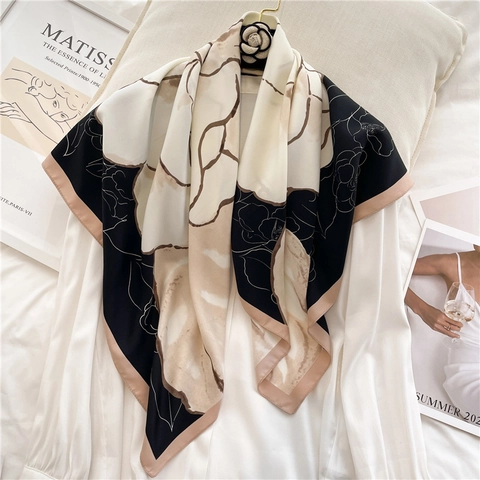 Écharpe Carrée Imprimée Camélia Élégante Écharpe En Satin Synthétique Sergé Mat Foulard Vintage Français