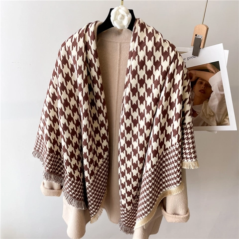 Houndstooth Pattern Square Scarf Shawl Imitation Cashmere Thickened Warm Tassels Winter Retro Elegant Accessories For Women