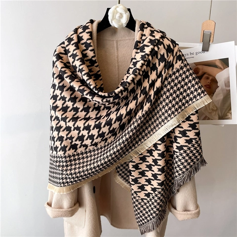 Houndstooth Pattern Square Scarf Shawl Imitation Cashmere Thickened Warm Tassels Winter Retro Elegant Accessories For Women
