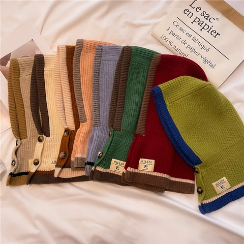 Women Men Knitted Balaclava Hooded Scarf Winter Warm Color Block Neck Warmer With Buttons Polyester Knit Scarf Hat