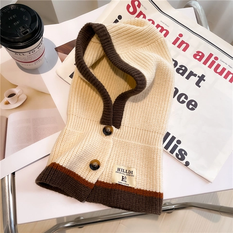 Women Men Knitted Balaclava Hooded Scarf Winter Warm Color Block Neck Warmer With Buttons Polyester Knit Scarf Hat