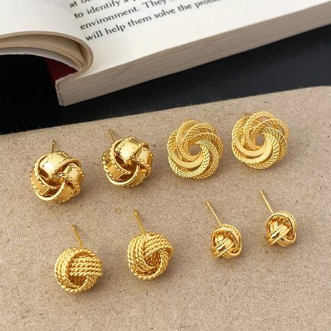 Pendientes De Botón Con Nudo Cobre Chapado En Oro Trenzado Tejido Geométrico Minimalista Joyería De Lujo Para Mujer
