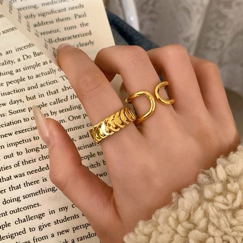 Minimalist Adjustable Open Rings For Women Vintage Double Layer Wave Chunky Chain Link Copper Plated Gold Silver Jewelry