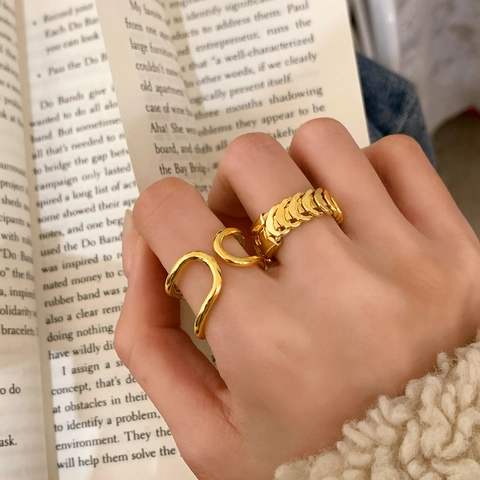 Minimalist Adjustable Open Rings For Women Vintage Double Layer Wave Chunky Chain Link Copper Plated Gold Silver Jewelry