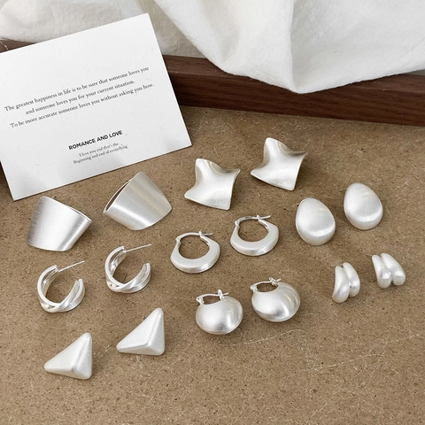 Minimalistische Geometrische Knop En Ring Oorbellen Geborsteld Verzilverd Koper Matte Textuur Sieraden Dames Dagelijkse Stijl Elegant