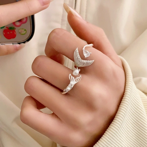 Anillo Ajustable De Cola De Sirena Color Plata Perla Artificial Circonita Elegante Joyería De Océano Concha Para Mujer