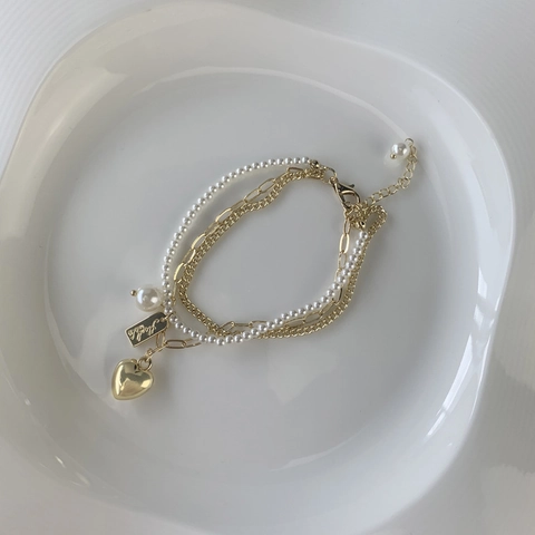 Multi Layer Heart Charm Bracelet Copper Real Gold Plated Shell Artificial Pearl Retro Elegant Jewelry For Women Handmade Design