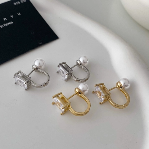 Pendientes Elegantes Geométricos De Cobre Chapado En Oro En Forma De U Con Circonita Perla Artificial Y Poste De Plata De Ley 925