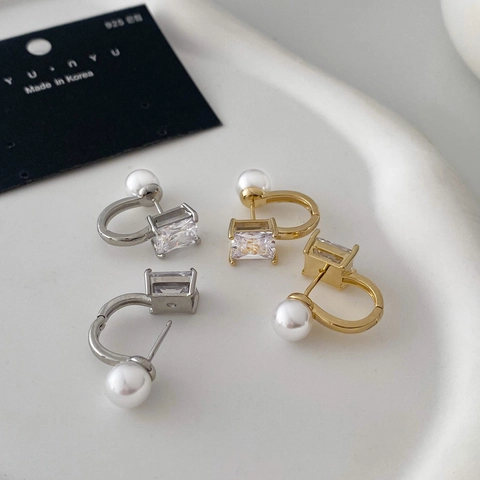 Pendientes Elegantes Geométricos De Cobre Chapado En Oro En Forma De U Con Circonita Perla Artificial Y Poste De Plata De Ley 925