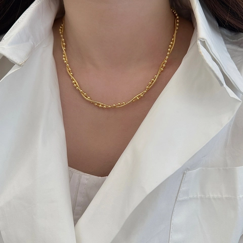 Minimalist Double Layer Necklace Copper Gold Silver Plated Snake Bone Chain Bead Choker For Women Elegant Retro Jewelry