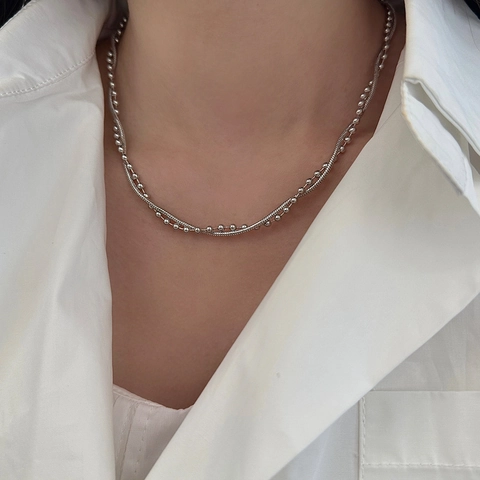 Minimalist Double Layer Necklace Copper Gold Silver Plated Snake Bone Chain Bead Choker For Women Elegant Retro Jewelry