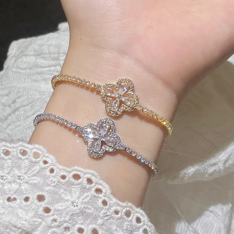 Elegant Hollow Clover Tennis Bracelet Copper With Sparkling Zircon Inlaid Korean Style Luxury Jewelry For Women
