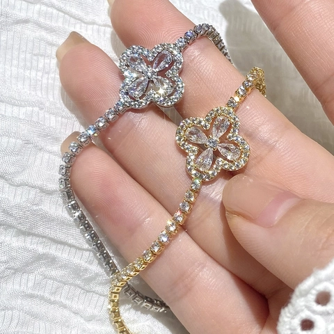 Elegant Hollow Clover Tennis Bracelet Copper With Sparkling Zircon Inlaid Korean Style Luxury Jewelry For Women