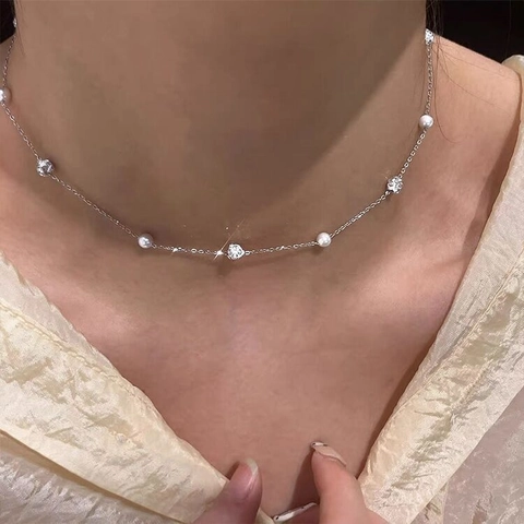 Elegante Collar Con Colgante De Perla Artificial Y Circona Cadena De Clavícula De Cobre Para Mujeres Joyas De Moda Minimalistas