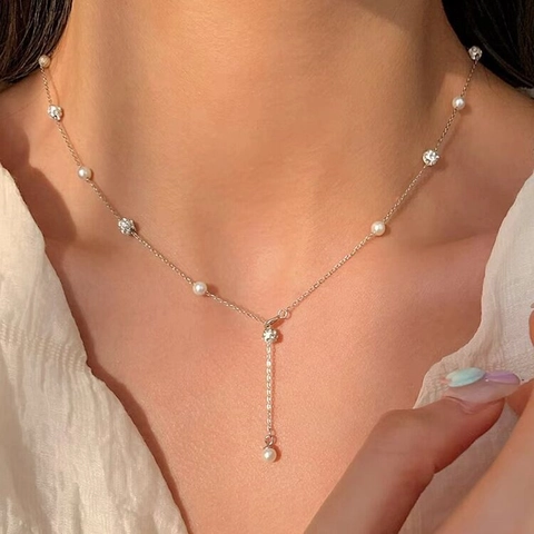 Elegante Collar Con Colgante De Perla Artificial Y Circona Cadena De Clavícula De Cobre Para Mujeres Joyas De Moda Minimalistas