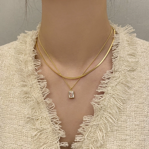 Double Layer Necklace Stainless Steel Gold Plated Rectangular Zircon Pendant Flat Snake Chain Fashion Jewelry For Women
