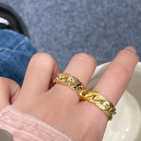 Griechischer Meander Panzerkette Ring Gold Vergoldet Kupfer Verstellbar Schmuck Damen Retro INS Stil