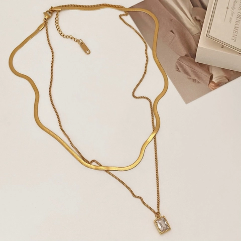 Double Layered Necklace Copper Real Gold Plated Herringbone Chain Rectangular Zirconia Pendant Geometric Women Jewelry