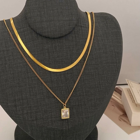 Double Layered Necklace Copper Real Gold Plated Herringbone Chain Rectangular Zirconia Pendant Geometric Women Jewelry