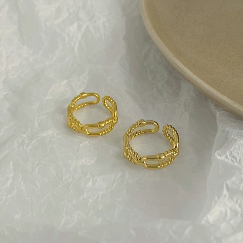 Twisted Rope Ring And Smooth Band Ring Gold Plated Copper For Women Minimalist Geometric Textured Open Adjustable Jewelry
