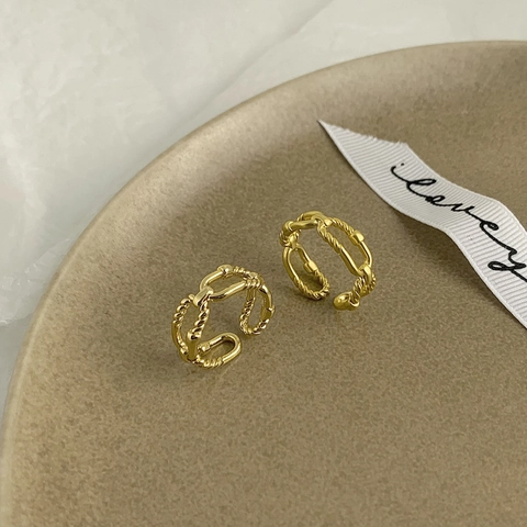 Twisted Rope Ring And Smooth Band Ring Gold Plated Copper For Women Minimalist Geometric Textured Open Adjustable Jewelry