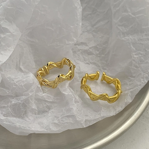Double Layer Twisted Wave Ring Gold Plated Copper Textured Adjustable Open Finger Jewelry Minimalist INS Style Women