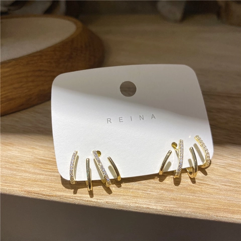 Orecchini A Più File In Rame Placcato Oro Zirconia Cubica Bianca Geometrica Minimalista Stile Coreano Per Donne