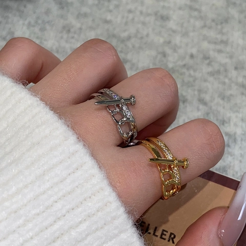 Anillo Abierto Clavo Cobre Zirconia Cadena Capas Ajustable Minimalista Industrial Joyería Para Mujeres