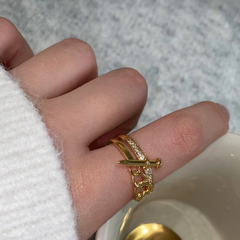 Anillo Abierto Clavo Cobre Zirconia Cadena Capas Ajustable Minimalista Industrial Joyería Para Mujeres