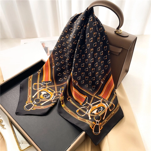 Women Square Scarf Equestrian Horsebit Pattern Polyester Faux Satin Fashion Neck Scarf Handbag Accessory