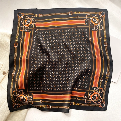 Women Square Scarf Equestrian Horsebit Pattern Polyester Faux Satin Fashion Neck Scarf Handbag Accessory