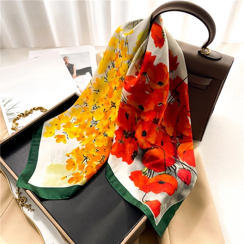 Elegant Floral Print Square Scarf Simulation Satin Satin Neck Head Scarf For Women Lightweight Contrast Edge Shawl
