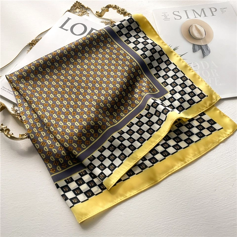 Sciarpa Quadrata Raso Sintetica Satin Foulard Stampa Monogramma Lettera Scacchiera Moda OL Business Per Donne