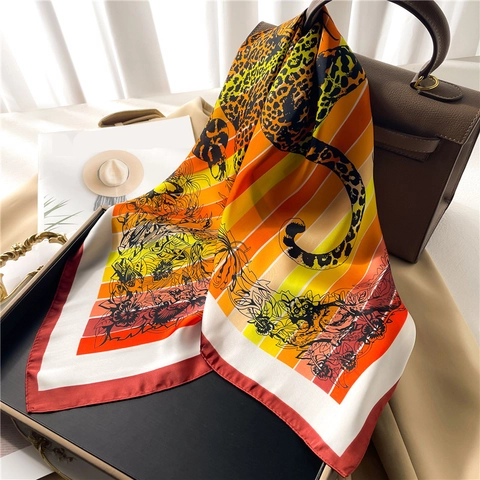 Square Scarf Imitation Satin Leopard Print Floral Jungle Animal Pattern Striped Retro Elegant Head Neck Wrap For Women