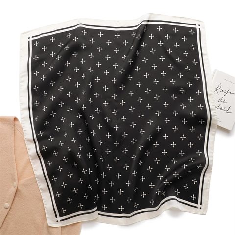Square Scarf Women Faux Satin Satin Geometric Cross Print Hair Wrap Headband Elegant Vintage Neck Scarf
