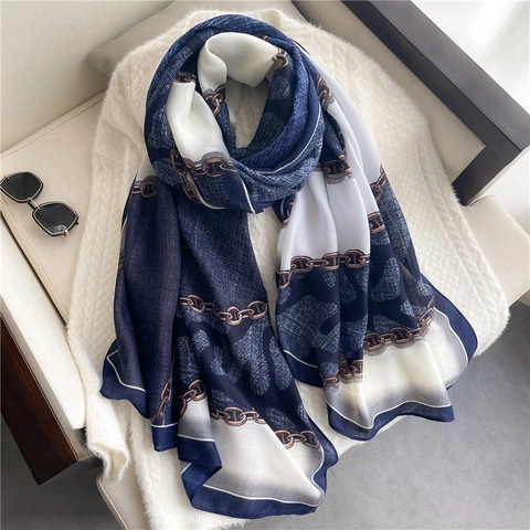 Women Long Scarf Shawl Viscose Cotton Linen Soft Chain Leopard Print Patchwork Elegant Sun Protection Lightweight Pashmina