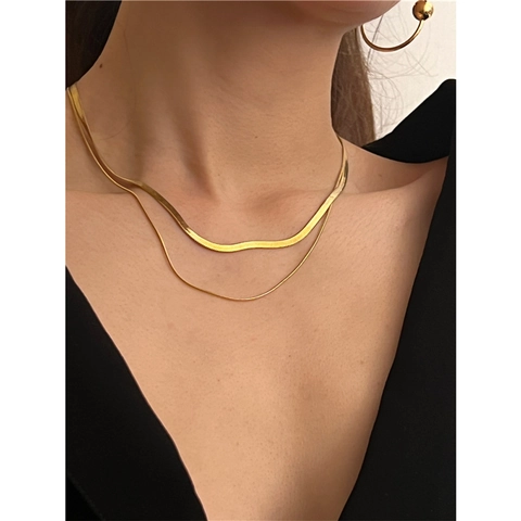 Minimalistische Dubbellaagse Ketting Roestvrij Staal Platte Visgraatketting Verstelbare Vintage Choker Voor Dames
