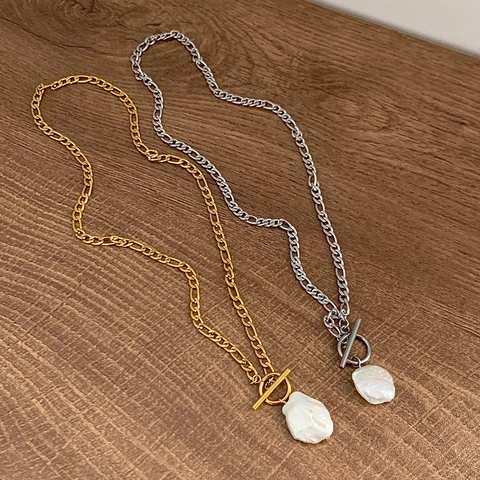 Baroque Freshwater Pearl Stainless Steel Pendant Necklace Vintage Figaro Chain Jewelry With OT Toggle Clasp For Women