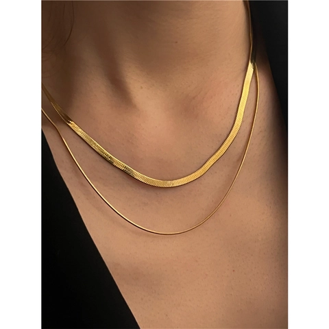 Double Layered Flat Herringbone Snake Chain Necklace Stainless Steel Vacuum Plated Minimalist Vintage Trendy Women Accessory