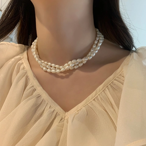 Mehrlagige Süßwasserperlenkette Barocke Reispfirsichperlen Kupfer Echtgold Plattiert Eleganter Vintage Hepburn Stil Damen