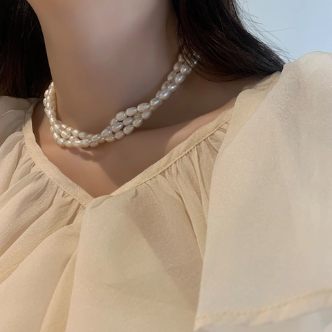 Mehrlagige Süßwasserperlenkette Barocke Reispfirsichperlen Kupfer Echtgold Plattiert Eleganter Vintage Hepburn Stil Damen