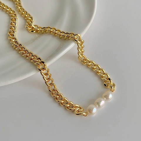Süßwasserperlenkette Für Damen Kupfer Echtgold Vergoldet Breite Panzerkette Französischer Retro Minimalistischer Schmuck