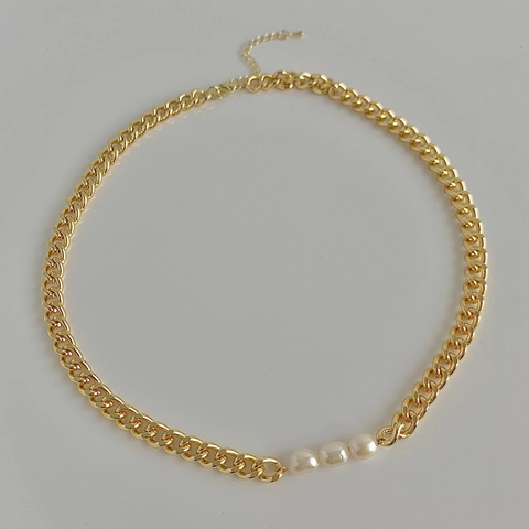 Süßwasserperlenkette Für Damen Kupfer Echtgold Vergoldet Breite Panzerkette Französischer Retro Minimalistischer Schmuck