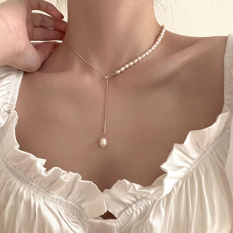 Collana A Forma Di Y Asimmetrica In Rame Con Pendente In Perla D Acqua Dolce Regolabile Elegante Retrò Francese